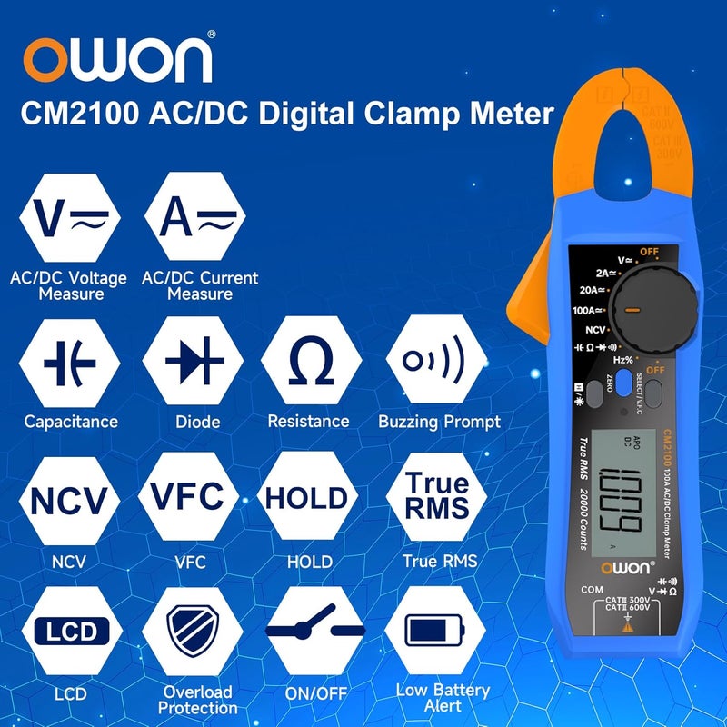 Owon CM2100 Mini Digital Clamp Meter Auto Range 20000 Counts AC/DC Resistance Capacitance Tester Multiple Measurement Functions NCV VFC Diode Overload Protection True RMS Multimeter - Image 2